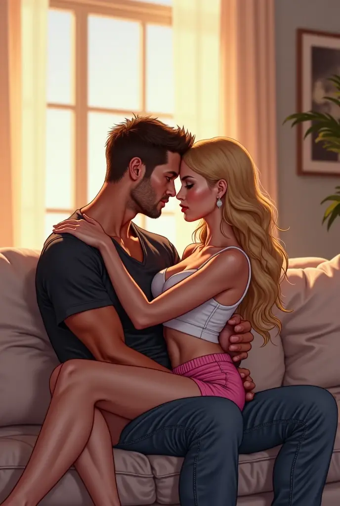 a brazilian couple hugging, she is sitting on his lap hugging him, She has straight, blonde hair and he has short, black hair parted to the side and no beard..