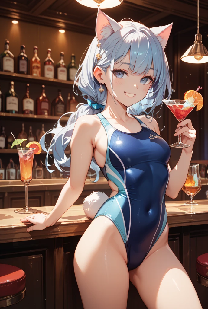 (Highest qualityのイラスト:1.2), (pretty girl:1.1), (1 girl、17 years old、whole body),(1 girl、smile、Round eyes:1.2)、Bright blue hair、Short Bob Hair、Bunny girl、Bunny ears、Blue leotard、Fishnet tights、High heeledium chest、Café Bar、smile、masterpieceサイドライト、masterpiece、Highest quality、detailed、High resolution illustrations), Soft Focus