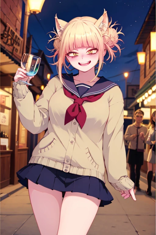 ((best quality)), ((highly detailed)), masterpiece, absurdres, detailed face, beautiful face, (detailed eyes, deep eyes), <lora:more_details:.4>, (1girl), cowboy shot, ((very wide shot)), <lora:TogaHimiko:.8>, TogaHimiko, blonde hair, yellow eyes, medium breasts, grin, school uniform, cardigan, black thighhighs, brown loafers, (knife, blood, bloody), (outdoors, in a resort, twilight)