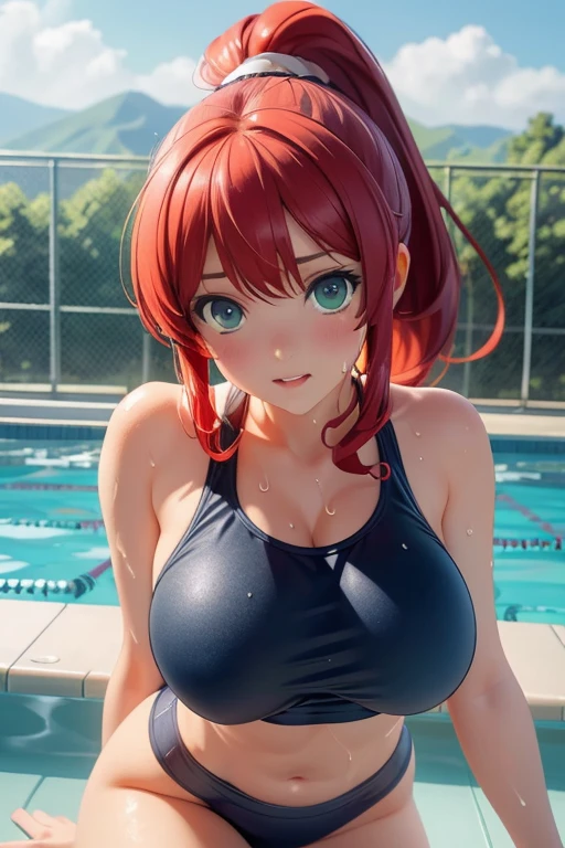 bellows sng,smile,red hair,ponytail,blue eyes,deep cleavage,bikini,indoor pool,(large breasts:1.5),(shiny,hair),((solo)),((masterpiece)),((best quality)),perfect anatomy,slim waist,perfect image,8k UHD,(beautiful detailed eyes:1.5),extremely detailed face,standing,(upper body:1.2),(look at the front:1.5),arms behindback,ultra-detailed,absurdres,highres,