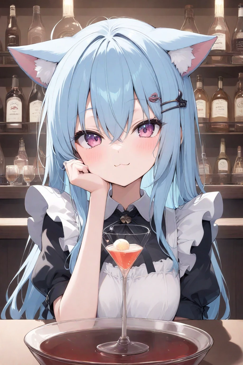 (masterpiece), Highest quality, Perfect Face, Furry, Cat, male, Rubber suit, neonRubber suit, ラbarメイド服, ラbarメイドエプロン, Gothic Lolita, ribbon, neonカフェ, サイbarカフェ, neon, bar, barテンダー, Cocktails are served