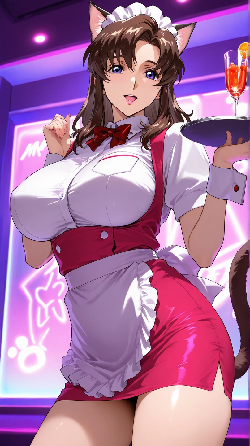 1girl, solo, (hitomi), nightclub,atmospheric,caustics, (mature female), (large breasts:1.3), playboy bunny, smile, holding plate, wine glass on plate, fake animal ears, thighhighs, makeup, fur trim, beautifu face, long eyelashes, parted lips, detailed eyes