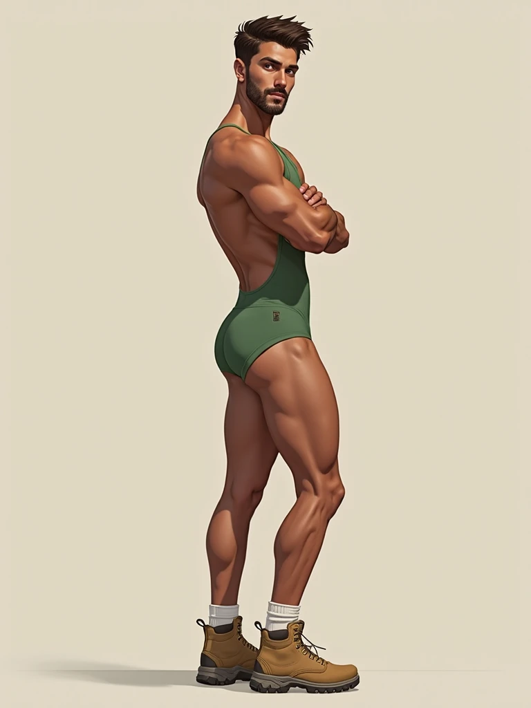 fullbody, In leng jun and norman rockwell art style, hd, 8k resolution, fullbody, 16k resolution, hd,
fullbody, front view
A young man, latino, cinnmon skin, thin face, straight nose, thin lips, square chin, large black eyes, short black, wavy hair, in roberto ferri style, aesthetic slim athletic body, very tall, latino, realistic skin, gorgeous, realistic detailed tonned muscles, barefoot, perfect anatomy, muscled fitness body, 195cm tall, realistic skin, skinny realistic detailed muscles,
he is wearing small green loincloth, man standing naked small flacid penis, barefoot, perfect detailed feet, relaxed body lenguaje, relaxed face expresion.
((above angle view, storbe lighting, Leading Lines composition ))
background painting art classroom, drawers drawing schetchs of the man
fullbody,
hyper detailed scene,
,penis
