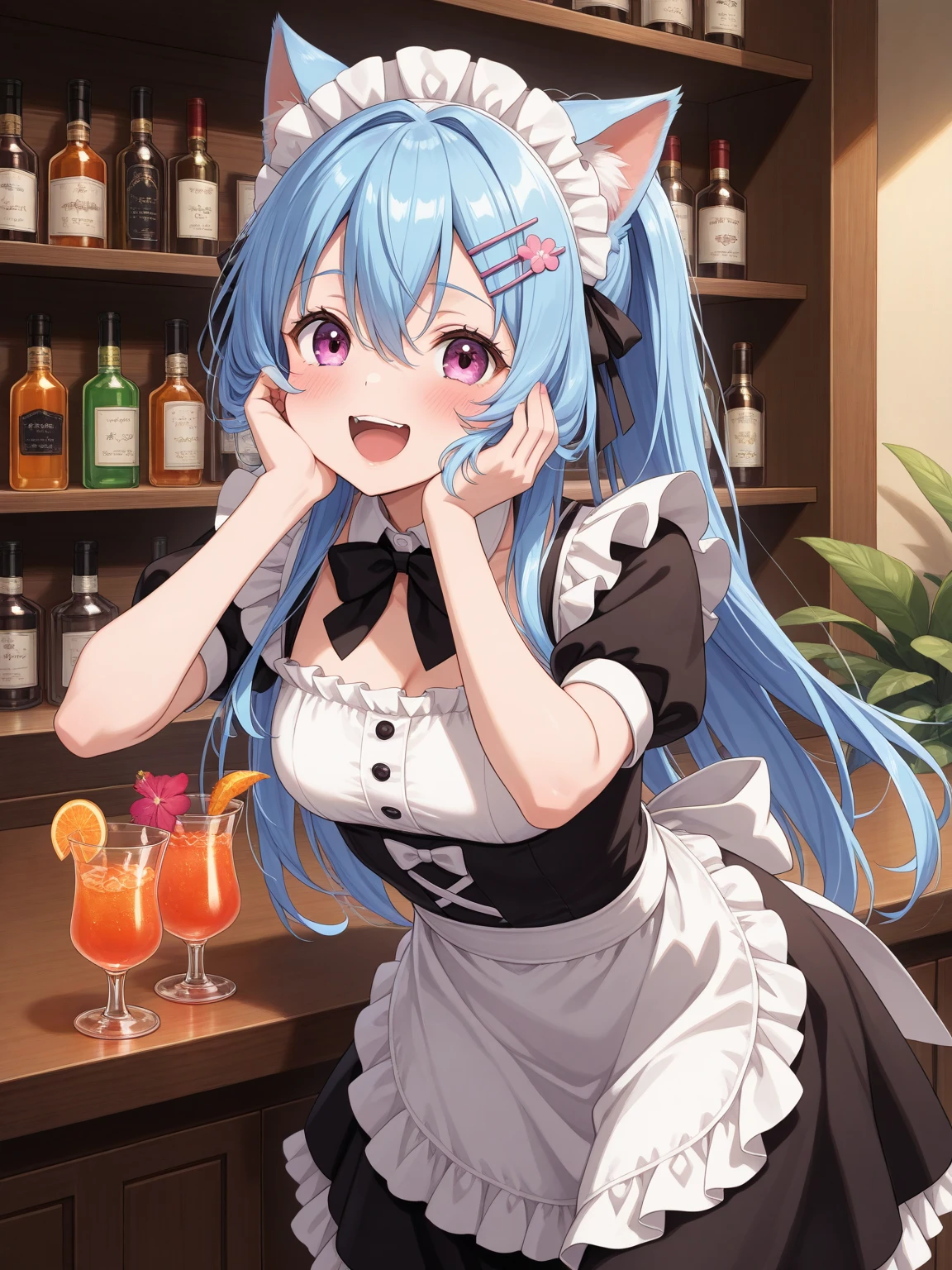 Used Pekora, Animal ears, Blue Hair, Braiding, carrot hair ornaments, food-themed hair ornaments, hair ornaments, Multicolored Hair, (Red eyes:1.5), Bunny ears, twin Braidings, Twin tails, Two-tone hair, Strapless, Strapless dress, (white dress:1.5), black gloves, black pantyhose, bow, Bridal Garter, Removable sleeves, dress, Fur scarf, Fur trim, fur-trimmed dress, fur-trimmed gloves, gloves, pantyhose, puffy Removable sleeves, Puffy sleeves, red bow, Breaking the comforts of home, Japan, wallpaper, ((4K UHD)), detailed、Being drunk、Drinking alcohol、Drunk、Hebereke