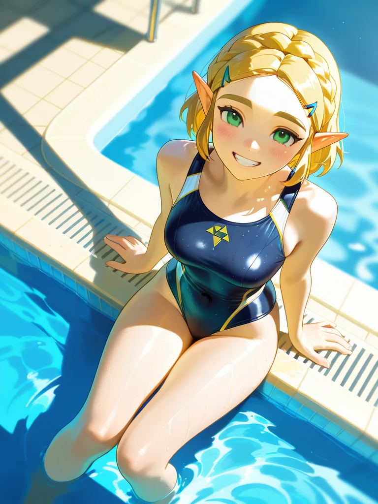 Very close、((Focus on the upper body))、(((16K、masterpiece、High resolution、High resolution)))、((1 young elven girl))、((Beautiful blonde))、short hair、((Beautiful Blue Eyes))、((Pointed Ears))、、Smiling Kindly、Grin、Open your mouth a little、blush、Pink Lip Gloss,((Blue dress swimsuit、High leg))、((Indoor Pool、Poolside))、look at me、((Put your arms behind your head))、Angle from below、water droplets、((Oilskin)