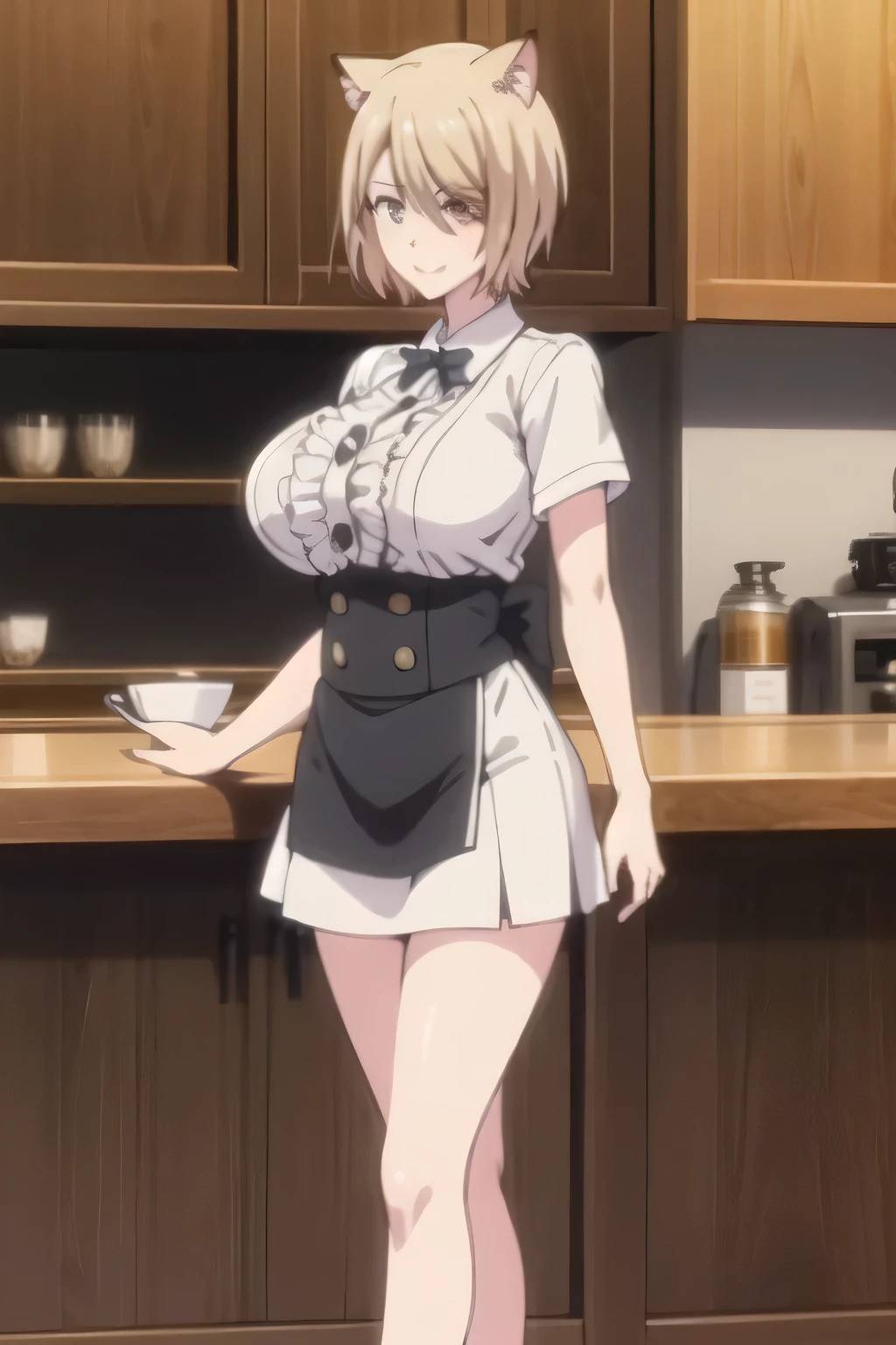  woman standing，can you draw a woman in a waitress costume with cat ears，black formal suit costume,，Wear a costume ，tight skirt，beautiful legs, Bar counter in a quiet space,,  blond short-haired woman   ，big boobs，big boobsでもウエストが細い， ，A woman with a lovely smile，face is absolutely necessary，Accurate depiction of hands and legs，A woman with long blond wavy hair， Light clothing,，，big breastsを描けますか，big breasts ，，もっとbig breastsをもっと大きく描いてください，， Alone，face is absolutely necessary，big breasts，big breastsでもウエストが細い，describe the details of the hands and feet accurately，     、can you draw a woman with stylish eyes, ,   big breasts, thin waist ， ,   ，,   