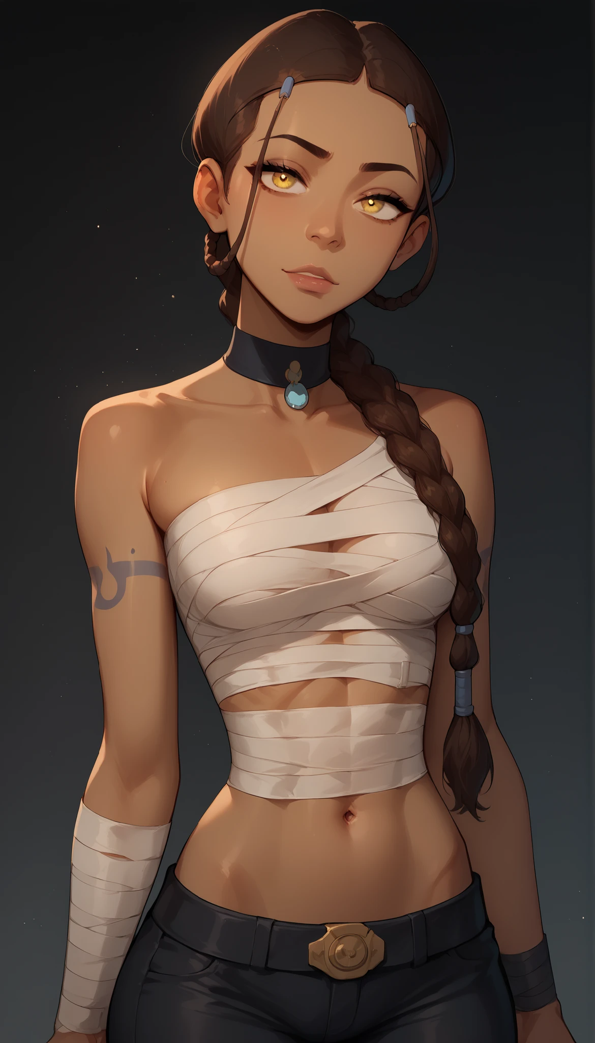 score_9_up, score_9, score_8_up, score_8, score_7_up, score_7, cinematic lighting, raw, high quality, 4k resolution, absurdres, masterpiece, dynamic lighting, high contrast, morimee_style, detailed face, 1girl, solo,
1girl, solo, perfect eyes, (petite), angular features, sharp features, (perfect eyes), ((cute)), perky breasts, ((round breasts)), slim body, (cute), ((slim body)), flat stomach,
dark background, electric powers, ((gold electricity)), electric powers,
1girl, Katara, brown hair, yellow eyes, dark skin, braid, black collar, looking at viewer, narrowed eyes, head tilt, braided ponytail, hair over shoulder, full black tattoos, (((sarashi bandages))), (chest wrap), (((bandage wrap))), bare shoulders, midriff, black pants, tight pants, leather pants,
