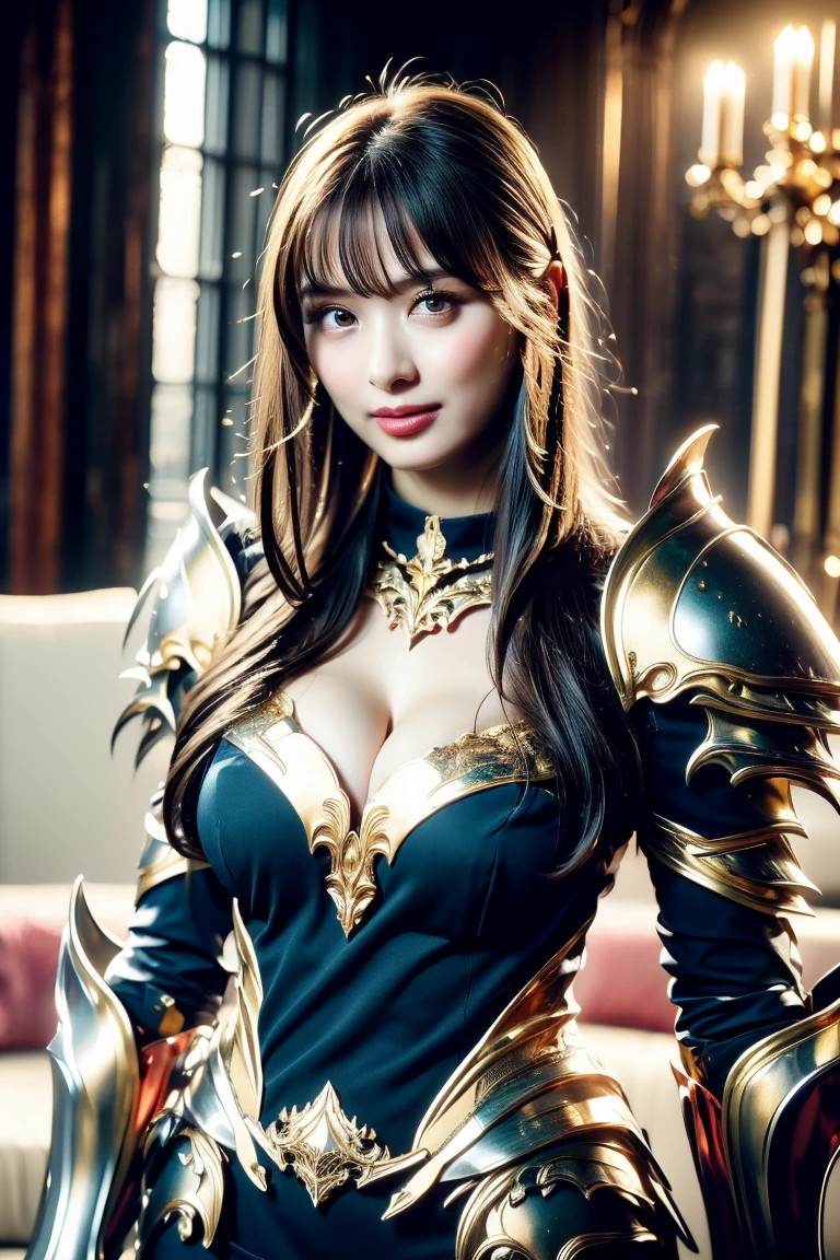 (shiny:1.7), black rubber suit, (black long gloves), RAW photo, photorealistic:1.6, Quality:1.5, 8k, Masterpiece:1.3, ultra highres:1.0, Crisp Focus:1.2, Big breasts:1.3, Beautiful Woman with Perfect Figure:1.4, Slender Abs:1.2,Highly Detailed Face and Skin Texture, Detailed Eyes, Double Eyelids, perfect face balance, cute, smile, beautiful studio soft light, rim light, vibrant details, hyper realistic, octane render, detailed beautiful skin, realistic skin,((Throne of Power:1.46)),sitting girl,((princess outfit)),(low angle),