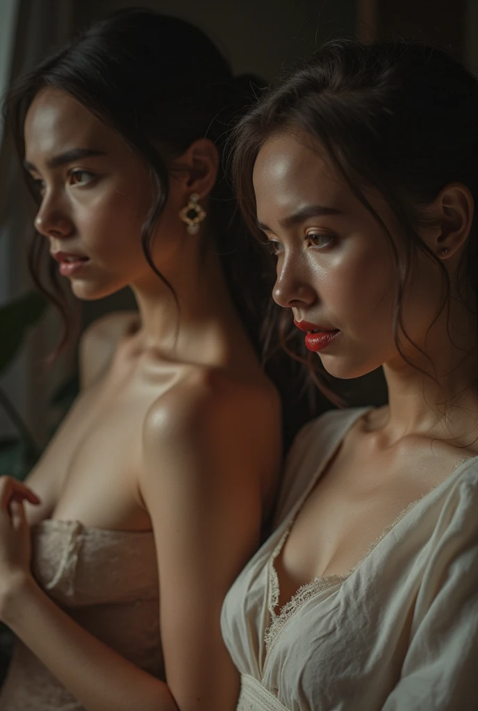 two girls, ebony skin, light African skin, curly hair, red lips, romantic atmosphere, foreheads glued together, eyes closed, faces dirty with dust and blood, away from the camera, showing from the waist up, blue light reflecting on their face from the side, black background, realistic, work of art