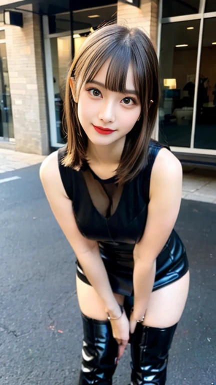 (Huge breasts 、Dark brown latex see-through holder neck dress、The chest area is highly transparent、Shoulder bag)、(highest quality,masterpiece:1.3,超A high resolution,),(Very detailed,Caustics),(Realistic:1.4,RAW shooting,)Ultra-Realistic Capture,Very detailed,High resolution 16K suitable for human skin、 Natural skin texture、、Skin tone is even and healthy looking、 Use natural light and color,One Woman,Japanese,,cute,Gray curly hair,Middle Hair,(Written boundary depth、chromatic aberration、、Wide range of lighting、Natural Shading、)、(Hair swaying in the wind:1.2)、Tokyo cityscape、A kind smile、big ear piercings、Necklace around the neck