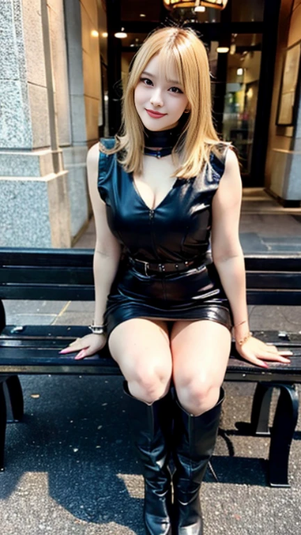 (Knee-high high-heeled boots、Show off your heels by lining up the toes:1.2)、(Micro Mini Skirt:1.2)、Pull-zip hoodie、belly button、Cleavage、One 1 woman、Short Bob Hair、Medium breast、A shy smile、masterpiece:1.3、Raw photo quality、Highest quality、Detailed Images、Detailed Background、Sitting on the pier at night、White panties、(Panty shot:1.3)、((View from below:1.2))、