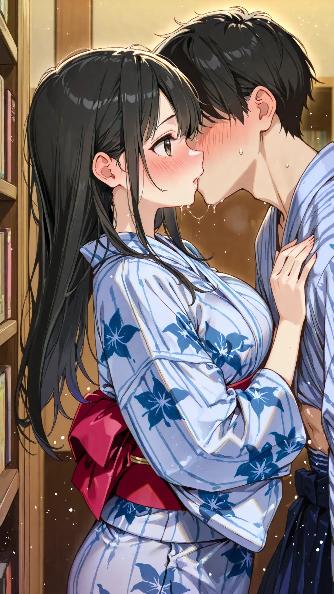 kimono,Woman in yukata long black hair in the library make your whole body visible Men and women stand face to face and insert male genitals into female genitals the woman is leaking love juice and feeling face is blushing Show with male gaze having sex