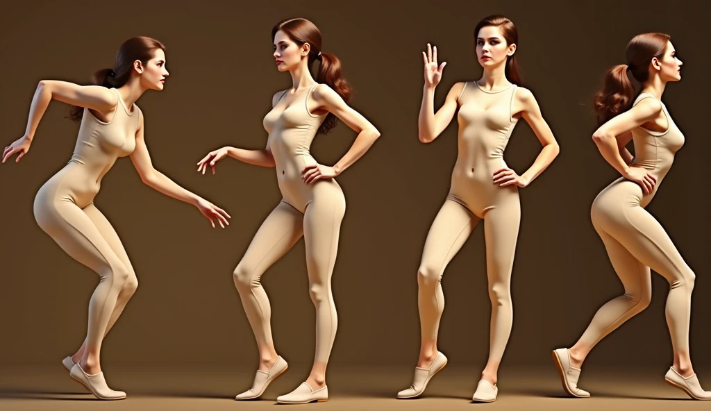 Estelle, full body figure, basic swimsuit, no shoes, character design sheet, different angles, different poses, front view, back view, profile view, glistening skin, studio, super detailed, HD, visible pores, perfect hair, very detailed hair, perfect, very beautiful, a hyper realistic, masterpiece, highly detailed, cinematic lighting, ray tracing, cinematic composition. award winning photo, high contrast, light sparkles, clear face, beautiful dark brown eyes, eyes match, perfect eyelashes