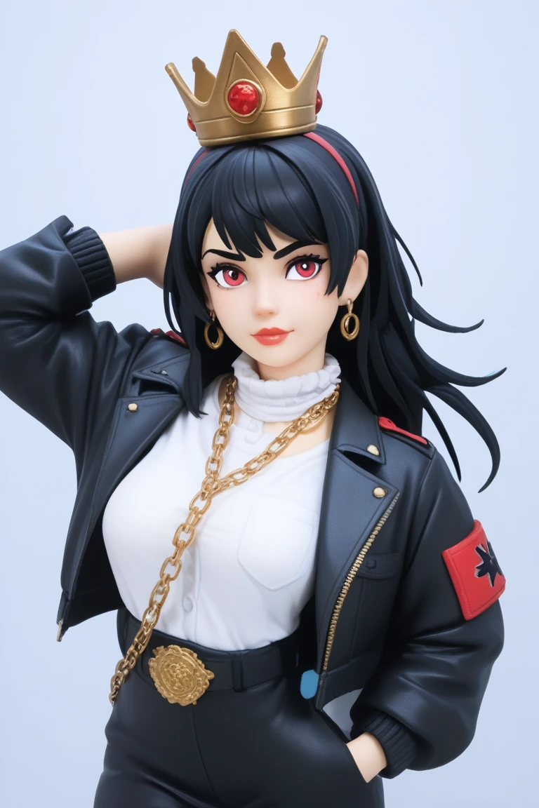 (Best Quality,4K,High resolution), Cool Girl、((Long straight hair with red highlights on black hair、blue jacket with intricate décor、Navel Ejection、cross belt、Tight leather pants、))、Full body projection、buttle、Battle Scenes、sharp eye、glares、Red Eyeliner、long lashes、Beautiful red eyes、Comical depiction、kawaii illustration、Bustling background、