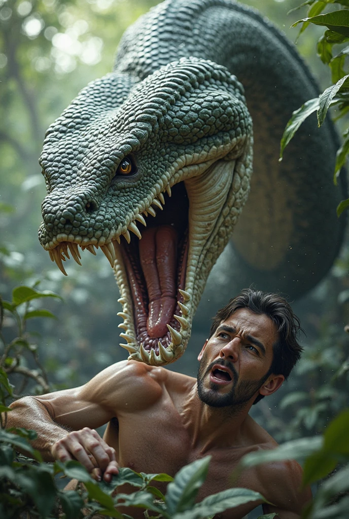 (photorealism:1.2) A realistic Komodo dragon biting a realistic human, in the background the jungle