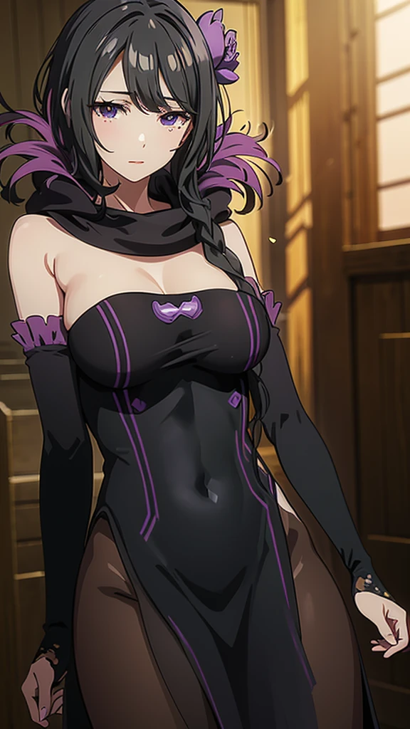 masterpiece, best quality, high resolution, best illustration, super fine illustration, (official art:0.9), anime screencap, detailed beautiful face and eyes, anime keyvisual, (perfect anatomy:1.1), 8k portrait,
1girl,
elsa,
elsa \(re:zero\),
medium hair,
black hair,
(purple eyes:1.2), (beatiful detailed eyes:1.2),
flower hair ornament,
large breasts, perfect body,
black dress, detached black sleeves, BREAK black tights, cold Shoulder, breasts out,
looking at viewer,
cowboy shot,
natural light, background of indoor, seductive pose, (naughty :1.3),(slut:1.25),(vulgarity:1.25), nsfw,