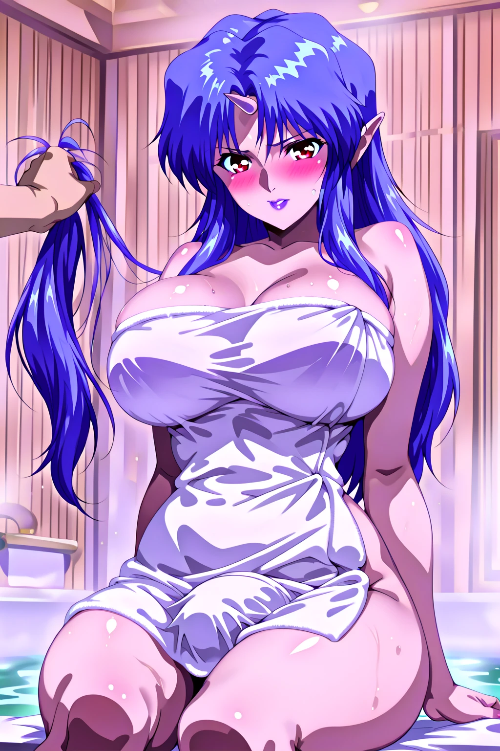 (masterpiece, best quality:1.4), cinematic light, colorful, high contrast, (1girl), UltiOP, onepieceanime, ((large breasts)), multicolored hair, long hair, blue hair, pink hair, bangs, horns, blush, armpits, night, bath, bathing, nude, desnudo