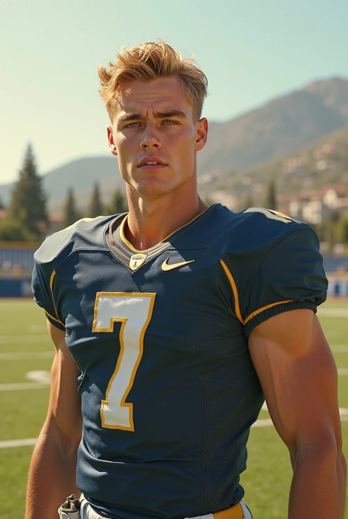 college American football player, athlete, big pecs, round pecs, messy light blond hair, shoulder length hair, beard stubble, tanned skin, muscular physique, shirtless, big bulge, young adult, standing on football field, stadium background, Caucasian, football pants, face like Tom Holland, fingerless gloves