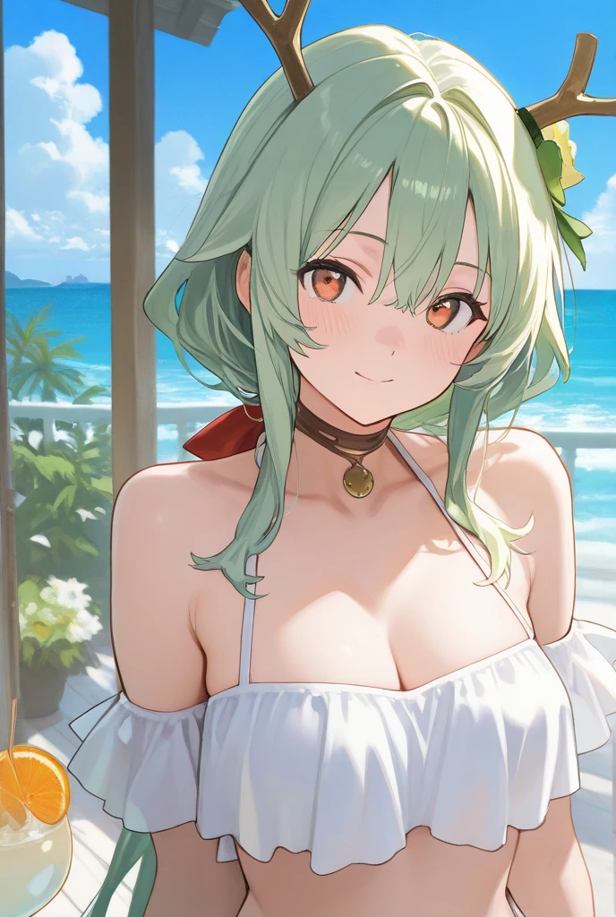Fraction_9,Fraction_8_Direction_7_up,src_Japanese cartoons,Cowboy shooting,Ideal form,Natural light,Detailed information background,Blurred background,Extremely detailed,,Nashida(Genshin Impact),Green Eyes,seaside,In the woods,Large Breasts,Large Breasts,Cat girl,cute