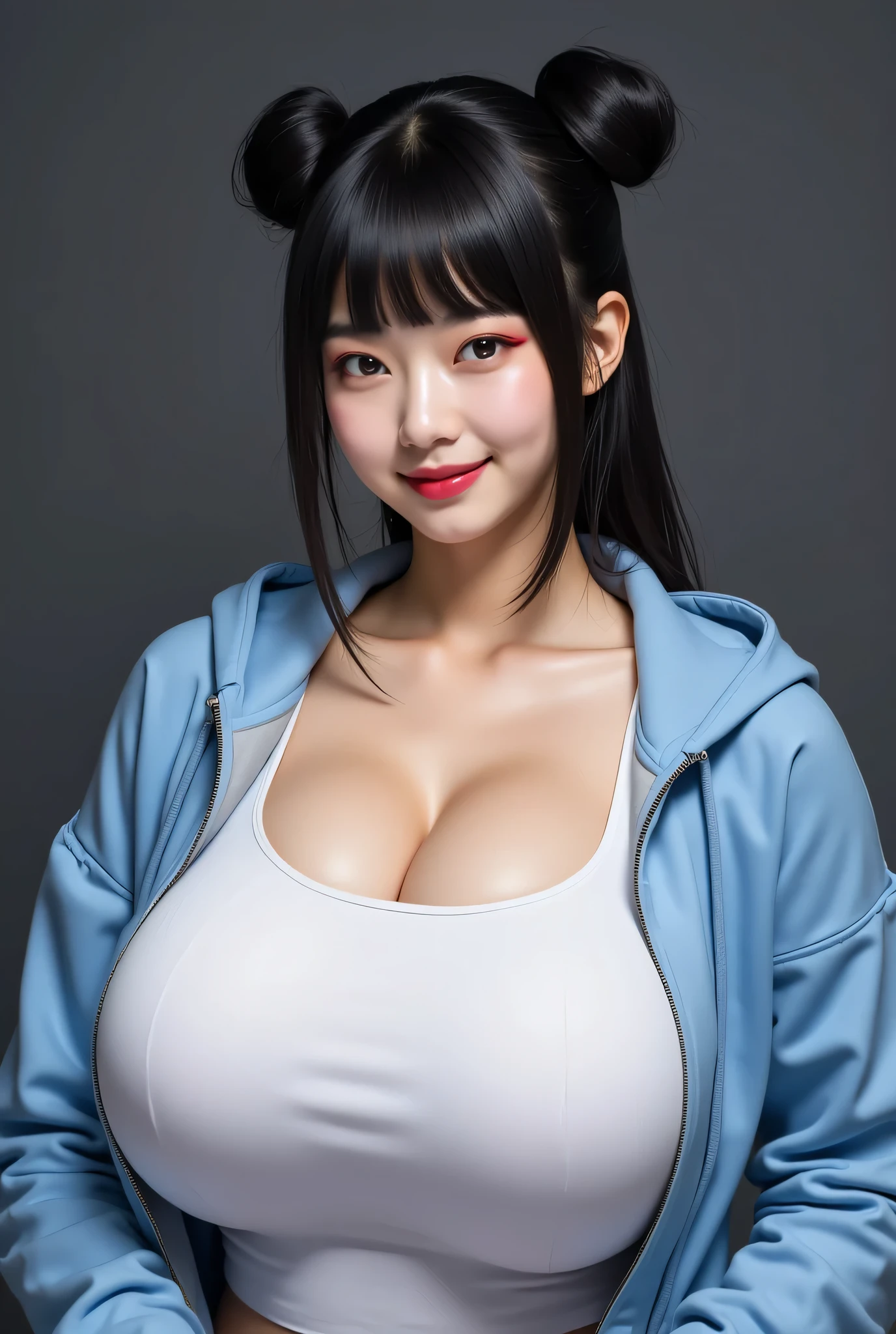 21yo girl, blue hair, (twintail Hair). Cute smile,Wearing orange oversize t-shirt,, show shoulders, cleavage, show big thigh, Ultra Gigantic breasts:1.6 ,hands holding breasts,plumpy body, standing pose , background on clubbing