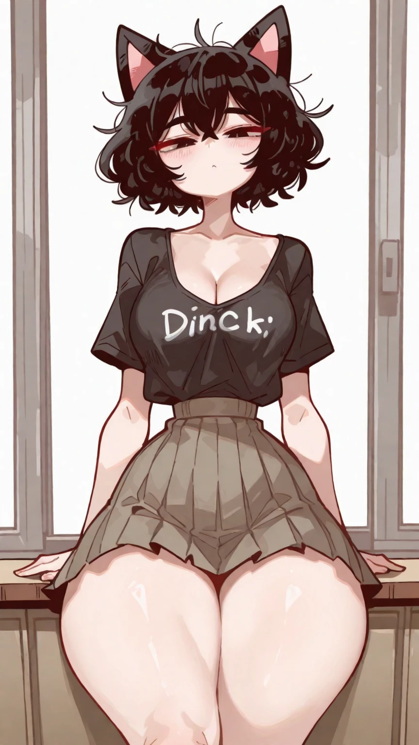 masterpiece, best quality, highres, you Watanabe , blue eyes, black hair, looking at viewer, sexy,(black lipstick:0.6), black crop top, fishnet sleeves, cowboy shot,(solo),love live , breasts apart ,(sagging breasts:0.7), black mini skirt, fishnet thighhighs, skindentation,thicc thighs, narrow waist,goth