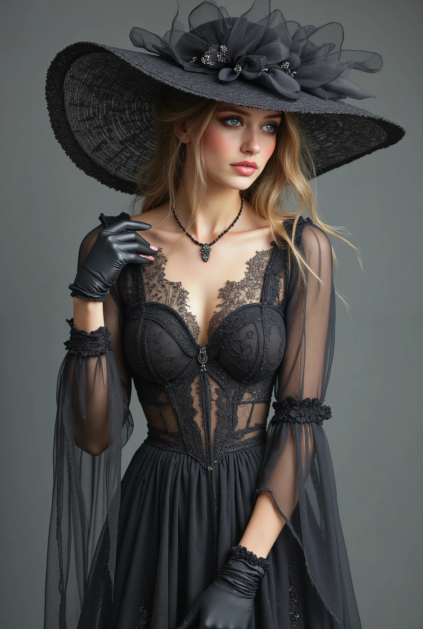 A beautiful lady with a sad expression in formal attire, a black lace dress, gloves and a large brimmed hat with a morning veil