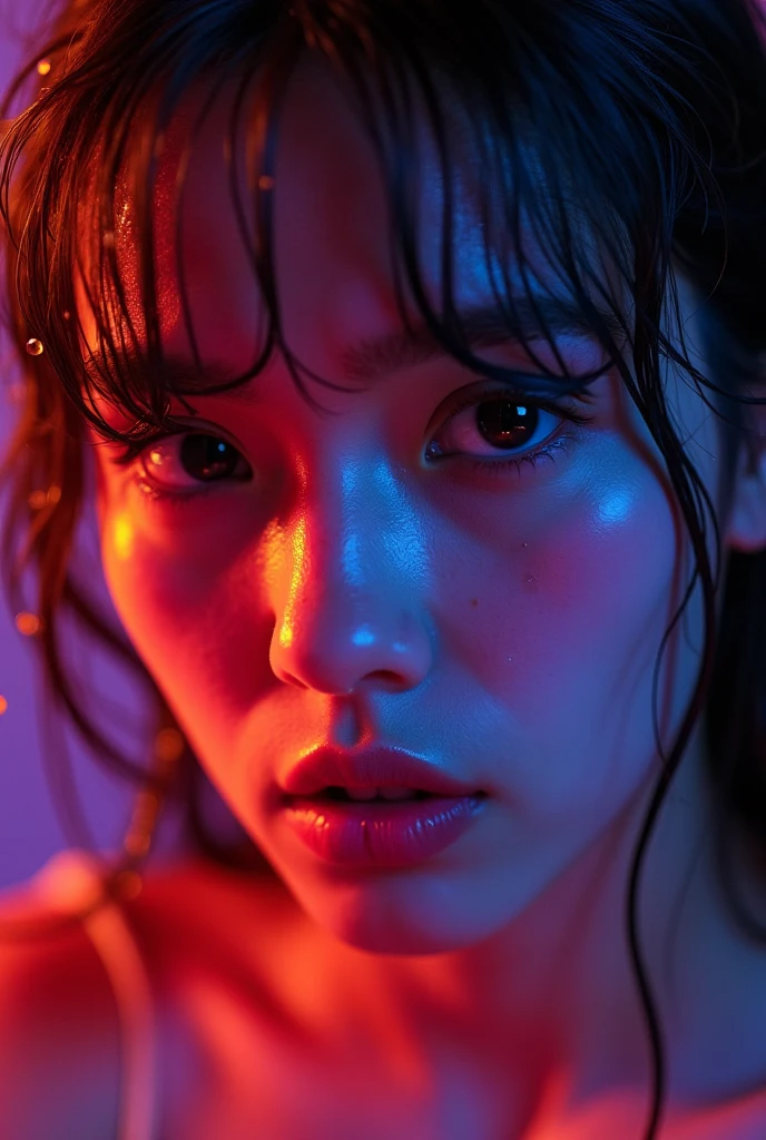 highest quality, masterpiece, ultra high resolution, (realistic:1.4), Raw photo, 1 girl,
wet hair, wet body, water droplets on the skin,Gothic dark and moody tones, softbox lighting, Chekifilm、white underwear、sleep on your back on a hotel bed、beautiful breasts