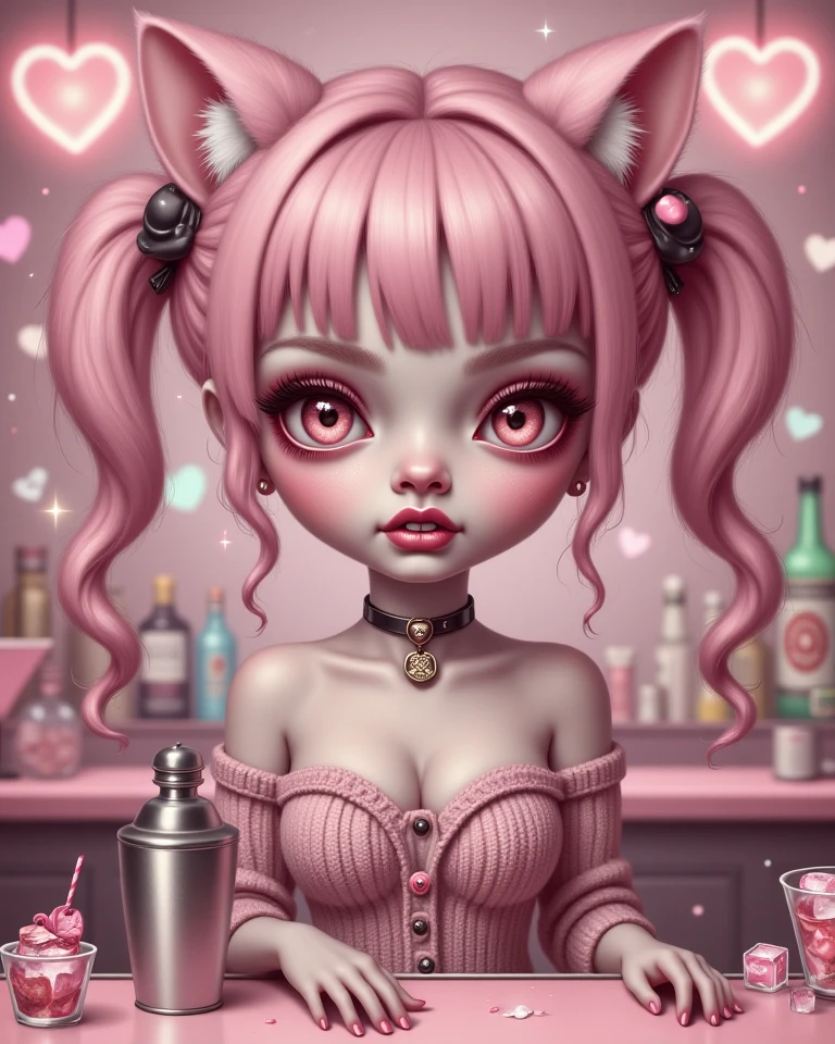 (score_9, score_8_up, score_7_up), zPDXL, 1 girl, alone, looking at viewer, leering, pink candy patterned background, hotel room, sitting on chair, snake eyes, upper body, curly hair, red hair, tight clothing, horns, white top, sucking on a lollipop, tattoos, tongue in lollipop, black choker, background of a room, red oni horns, blunt bangs, provicative aura, sexy, tattoos all over body, front view
