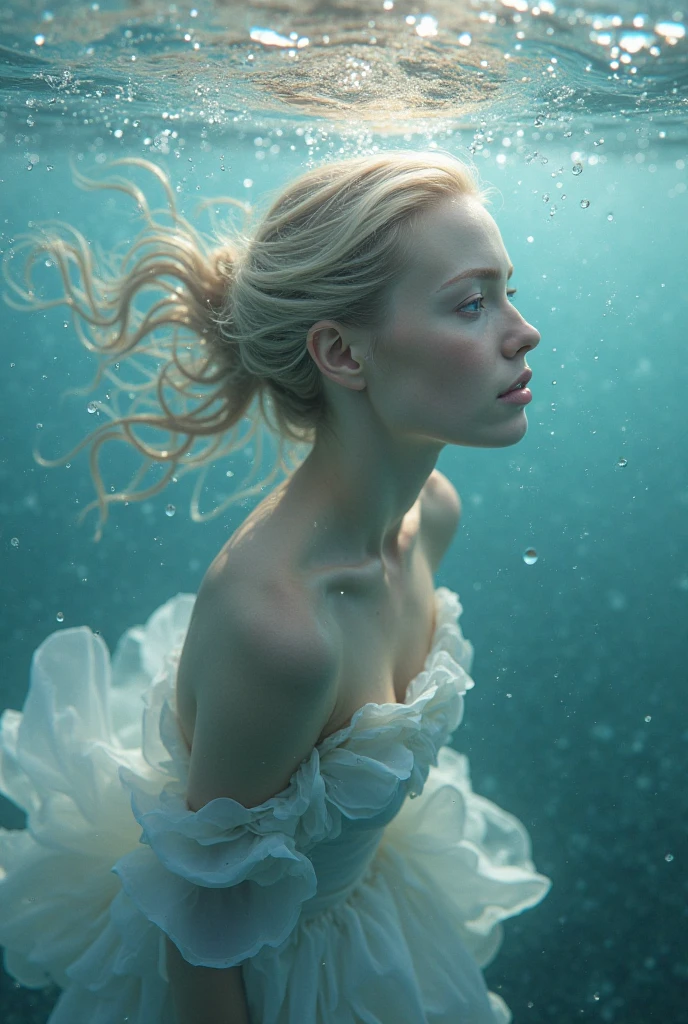 a beautiful woman, aquatic goddess, woman of the sea, swirling in water, bubbles, beautiful detailed eyes, beautiful detailed lips, extremely detailed face and features, long eyelashes, flowing hair, porcelain skin, graceful pose, underwater setting, shimmering water, sunlight filtering through water, iridescent colors, ethereal, dreamlike, masterpiece, (best quality,4k,8k,highres,masterpiece:1.2),ultra-detailed,(realistic,photorealistic,photo-realistic:1.37),cinematic lighting,volumetric lighting,vibrant colors,hyper detailed