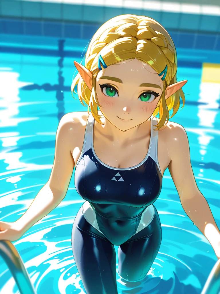 (best quality:1.2), Zelda, 1 girl, short hair, braided hair, bikini blue, sitting near a public swimming pool, view from behind, at a public swimming pool, In the afternoons, olhos verdes, rosto corado, smiling expression, waving hello,(good hands),pose sexual