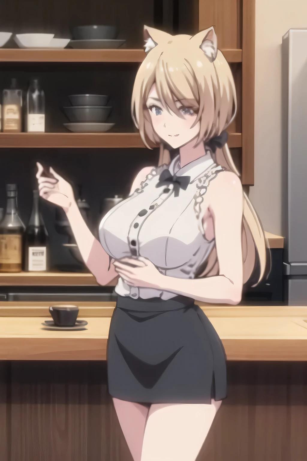  can you draw a woman in a waitress costume with cat ears，sleeveless blouse，her chest is hidden by a costume，black formal suit costume,，costume ，tight skirt，beautiful legs, Bar counter in a quiet space,,  blonde shorthair woman   ，big breasts，big breastsでもウエストが細い， ，A woman with a lovely smile，face is absolutely necessary，Accurate depiction of hands and legs，A woman with long blond wavy hair， Light clothing,，，big boobsを描けますか，big boobs ，，もっとbig boobsをもっと大きく描いてください，， Alone，face is absolutely necessary，big boobs，big boobsでもウエストが細い，describe the details of the hands and feet accurately，     、can you draw a woman with stylish eyes, ,   big boobs, thin waist ， ,   ，,   