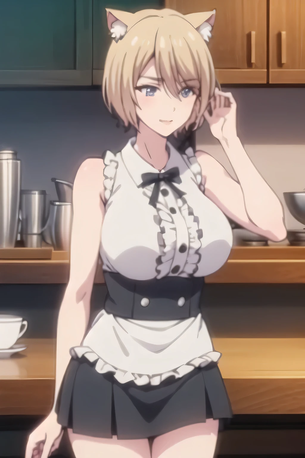 can you draw a woman in a waitress costume with cat ears,sleeveless blouse,her chest is hidden by a costume,black formal suit costume,,costume ,tight skirt,beautiful legs, Bar counter in a quiet space,, blonde shorthair woman ,big breasts,big breastsでもウエストが細い, ,A woman with a lovely smile,face is absolutely necessary,Accurate depiction of hands and legs,A woman with long blond wavy hair, Light clothing,,,big boobsを描けますか,big boobs ,,もっとbig boobsをもっと大きく描いてください,, Alone,face is absolutely necessary,big boobs,big boobsでもウエストが細い,describe the details of the hands and feet accurately, 、can you draw a woman with stylish eyes, , big boobs, thin waist , , ,,