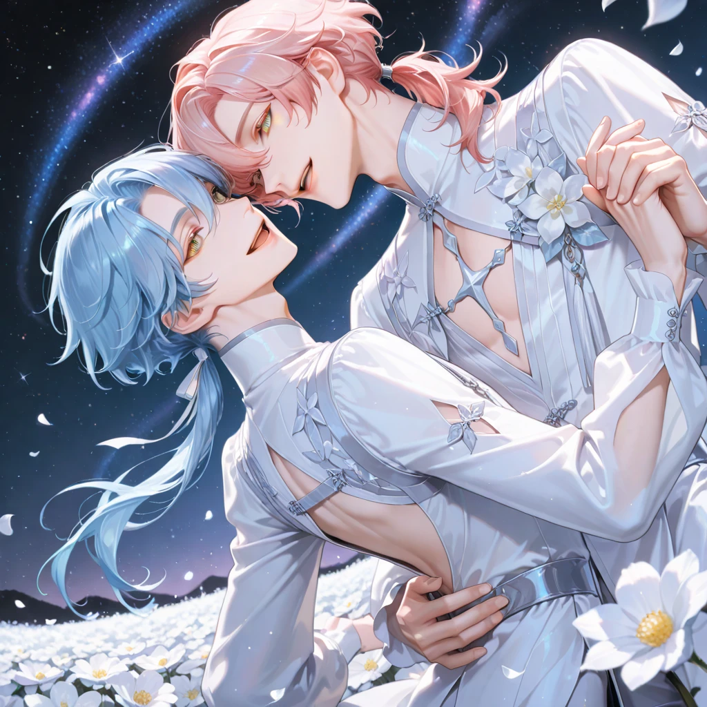 absurdres, highres, ultra detailed, HDR, master piece, best quality, Mikleo, white hair, expressive purple eyes, tales of zestiria, Sorey, brown hair, expressive green eyes, two sexy men together, gay couple, yaoi, handsome, toned chest,white clothes, magical, fantasy, shining, water, pink flowers, pink blossoms, pink butterflies, pink petals