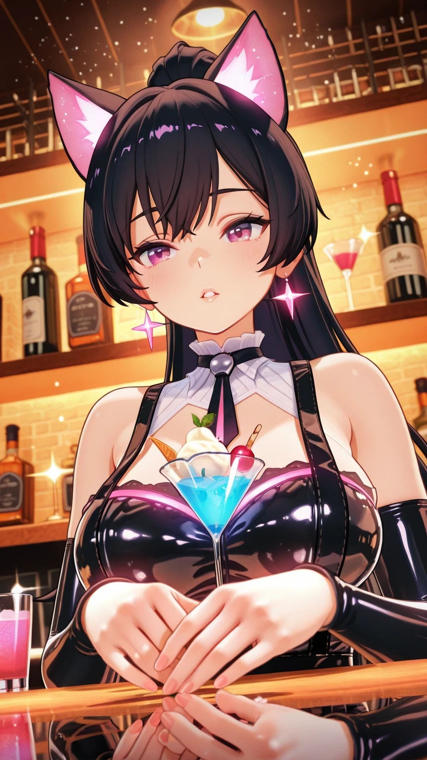 (Masterpiece, top quality, detailed drawing, beautiful hair, beautiful eyes, perfect face, perfect human structure), crowded bar with customers, short twin tails hair, black hair, very baby face, droopy eyes, heterochromia, pink eye, orange eye, very huge breasts, height 145cm, girl wearing big bunny ears on head, smiling and carrying drinks smiling and serving drinks in a very sexy bunny girl costume with big bunny ears on her head.