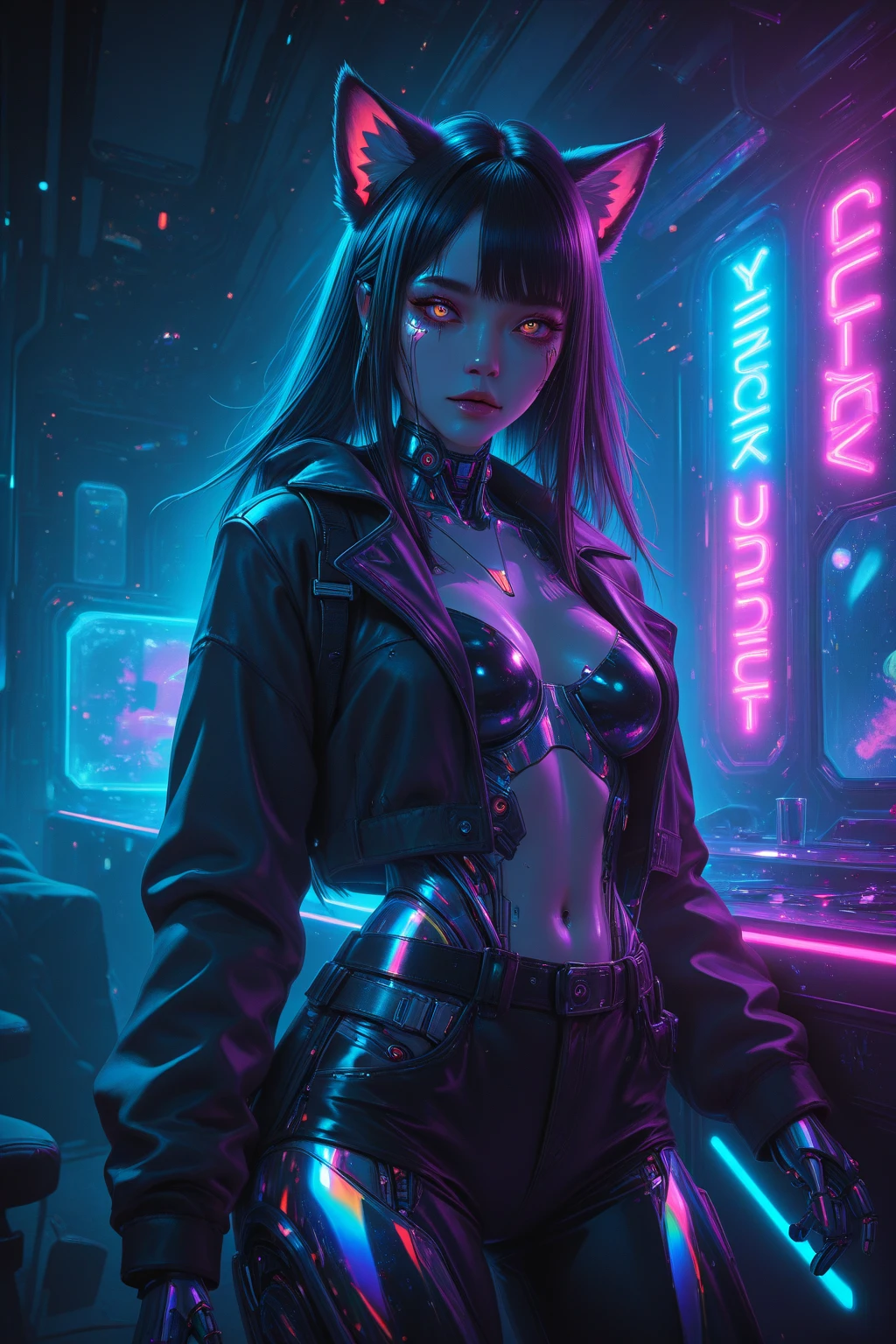 ((masterpiece))((highest quality))((27 year old girl,shoulder length highlight hair ))((she's seductively standing alluringly sexual revealing herself through opening her outfit )). ((Background is a Highly detailed cyberpunk club with multicolor LED lights. Graffiti .Luminous.))4k.