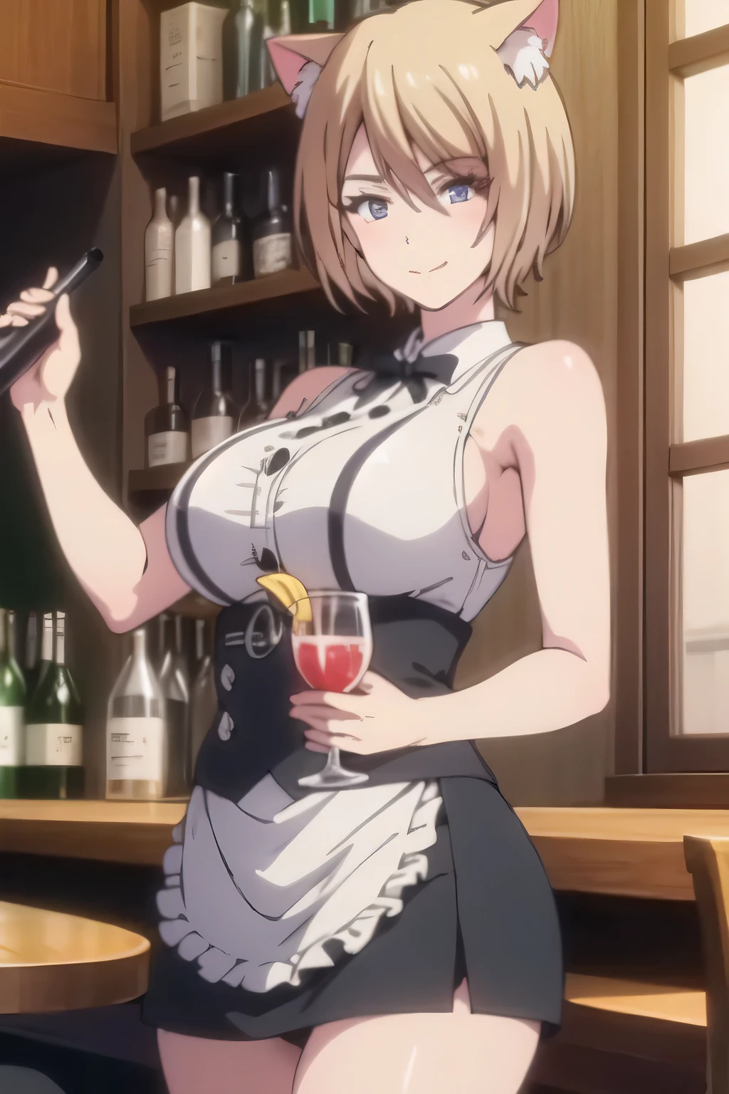 can you draw a woman bartender making cocktails inside a bar counter,Woman Standing,Can you draw a woman wearing a bartender with cat ears,black formal suit costume,,costume ,tight skirt,beautiful legs, Bar counter in a quiet space,, blonde shorthair woman ,big breasts,big breastsでもウエストが細い, ,A woman with a lovely smile,face is absolutely necessary,Accurate depiction of hands and legs,A woman with long blond wavy hair, Light clothing,,,big boobsを描けますか,big boobs ,,もっとbig boobsをもっと大きく描いてください,, Alone,face is absolutely necessary,big boobs,big boobsでもウエストが細い,describe the details of the hands and feet accurately, 、can you draw a woman with stylish eyes, , big boobs, thin waist , , ,,