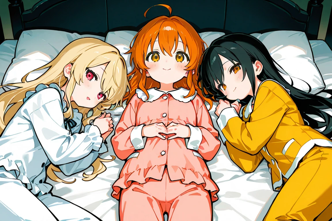 Two teenage girls,whaite hair,Golden pupils,underdressing,perspire,Be red in the face,Beds,The body is soaked,the night,Hands reach into clothes