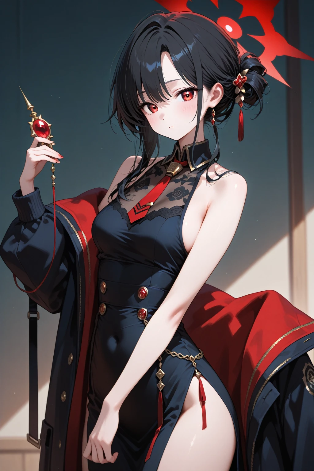 ((masterpiece)),(((best quality))),woman,, black hair, short bob, , black and red cheongsam, stylish, , standing, background = Chinese, --auto --s2