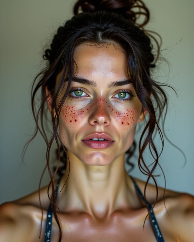 Brunette adult female freckles selfie in Houston Texas, tank top, at home, depressed, dirty hair, greasy 
