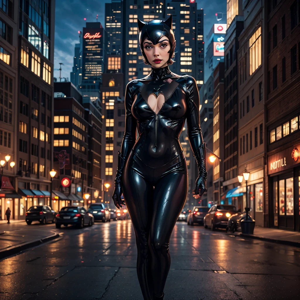 8K, Ultra HD, super details, high quality, high resolution. The heroine Catwoman looks beautiful in a full-length photo, her body is sculptural, her long black wavy hair is radiant in a perfect combination with her white skin, her bright brown eyes mesmerize everyone. She is wearing her heroine costume, which consists of a tight black jumpsuit, with a mask that covers her eyes, she also wears high boots and gloves, which allow her to scale buildings and perform stunts with ease. she looks very sexy, drawing attention to her big breasts and thick legs.