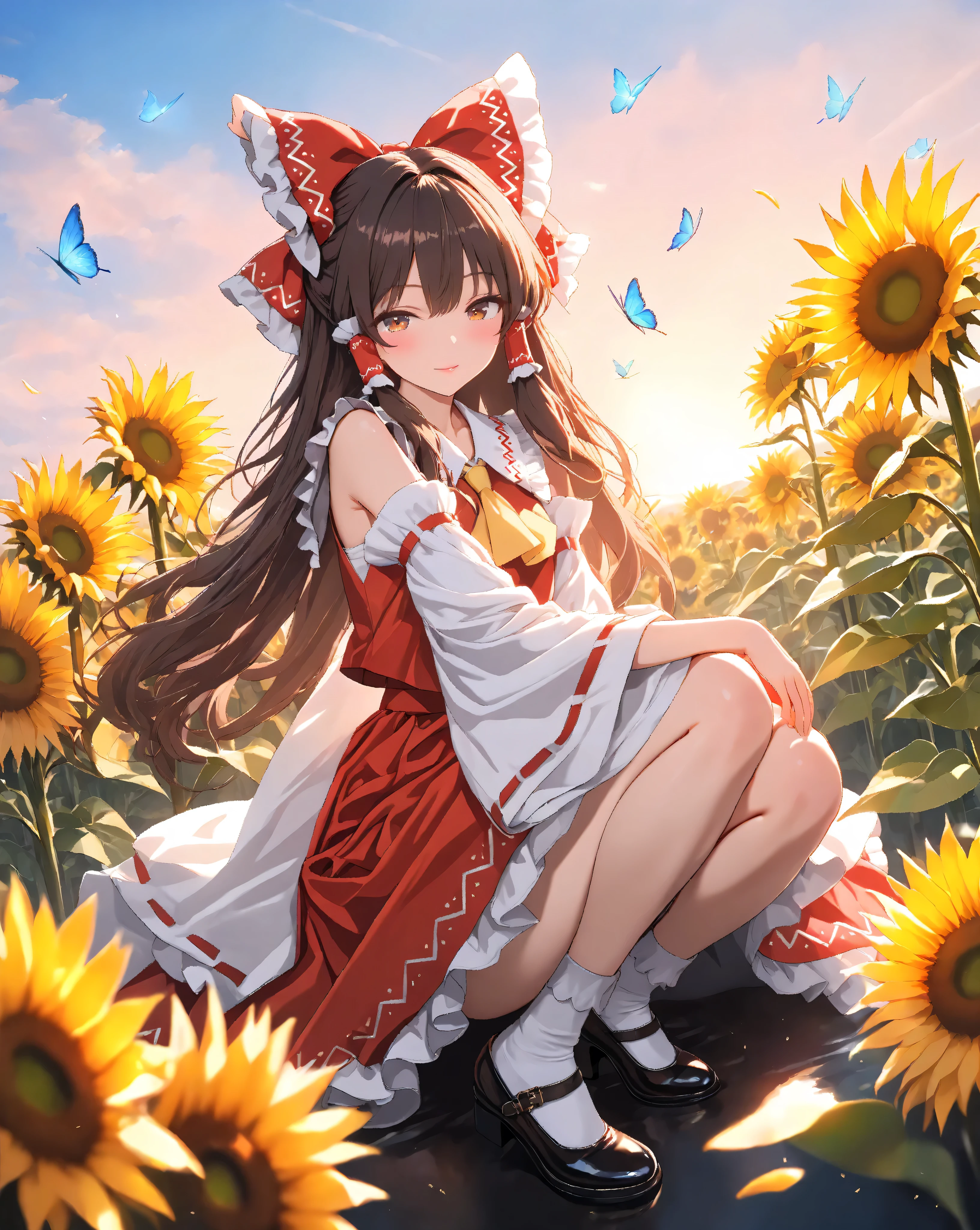 Quality:
(high score), (masterpiece, detailed:1.2), (ultra-detailed), (ultra-quality), (super-resolution), (detailed-background),

 Art Style: (photorealistic):1.4, (2.5D):1.5, (golden hour lighting):1.6, (warm cinematic lighting):1.5, (volumetric light rays):1.4, ray tracing, depth of field, (vibrant sunset pastel palette):1.3, dramatic angle, (ethereal atmosphere):1.2, (dreamy aesthetic):1.1 

Subject:
(touhou hakurei reimu):2.0, 1girl, (very young girl):1.3,  (child):1.2, (cute):1.3, (Sassy pose):1.3,(seductive smile):1.5, playful expression,
(brown hair),(long hair),(hair bow),detailed strands of hair, silky smooth texture, flowing like it flutters in the wind, natural shading and highlights, 
look at viewer,brown eyes, (delicate vivid eyes),(delicate and moisturized lips),
petite, short stature, (Slender body lines):1.5,graceful knee lines, natural and beautiful leg lines, delicate body contours,

Clothing:
(touhou hakurei reim's outfit):2.0, (red dress), (white bell sleeves):1.3, (wide sleeves), (frilly cuffs), (white frilly skirt hem), (large red hair bow), (yellow ribbon on collar):1.5, (white collar), (white tabi socks), (black mary jane shoes with buckles), (jane shoes with buckles),

Background : (Sunset gradient sky):1.5, (warm orange to golden yellow gradient), (soft pastel colors), (field of sunflowers in the foreground):1.4, (sunflowers facing the sunset), (detailed sunflower petals and stems), (bokeh effect on sunflowers):1.3, (shallow depth of field), (distant rolling hills):1.2, (softly blurred background), (golden hour lighting):1.6, (warm and soft light), (lens flare), (subtle rays of sunlight):1.1, (dust particles in the air), (iridescent butterfly (soft glowing trails left by butterflies)