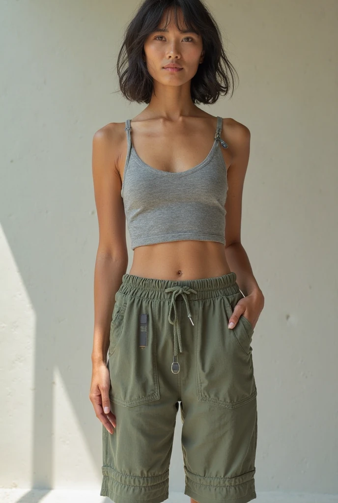 Beautiful woman Arafed in a white tank top and baggy khaki pants, usando um top cropped sexy, her navel is exposed, midriff exposto, usando crop top, wearing a tank top and baggy pants, usando uma camiseta regata de corte baixo, usando uma camiseta regata, usando um top cropped, roupa intrigante, usando um top cropped, wearing a sweater and baggy pants