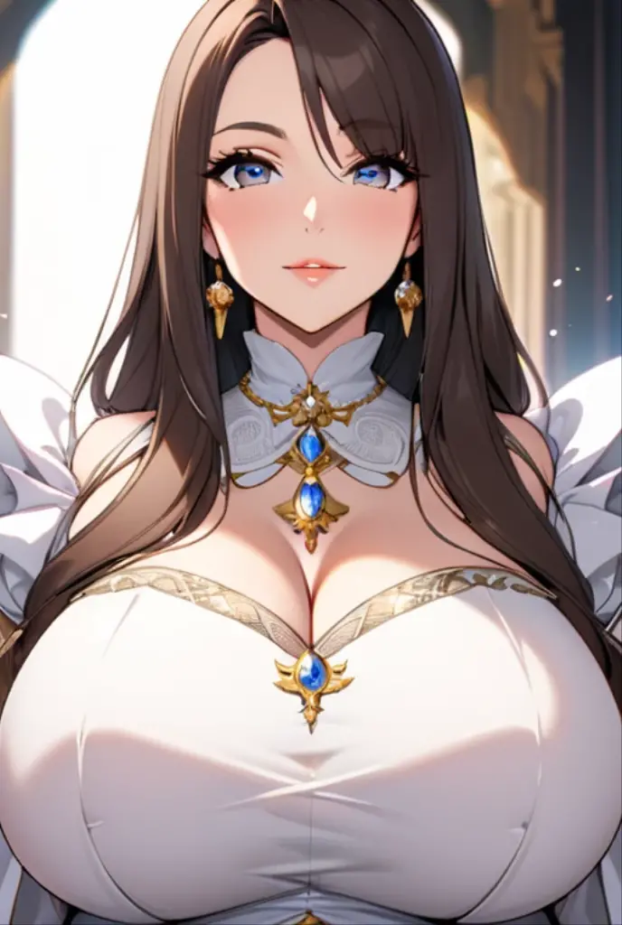 Princess , in castle, high quality, super quality, (detailed face:1.4) ,beautiful young woman , golden eyes, long hair , tight gorgeous dress, tiara, necklace , earring , sharpe eyebrow , beautiful bangs are covering her eyes , huge breast  ,upper body , model pose , smile 