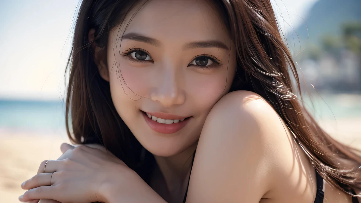 ((Top Quality, 8k, Masterpiece: 1.3)), Sharp Focus: 1.2, Pretty Girl with Perfect Figure: 1.4, Slender Abs: 1.2, ((Dark Brown Hair, Huge Breasts: 1.4)), Swimsuit, Wet, Wearing a Bikini, (Street, Natural Light: 1.1), Pool: 1.2, Highly Detailed Face and Skin Texture, Detailed Eyes, Double Eyelids, Constricted Waist, Flowing Hair 、full body:1, (slim legs:1.1), beautiful legs, (very detailed mouth:1.2), smile