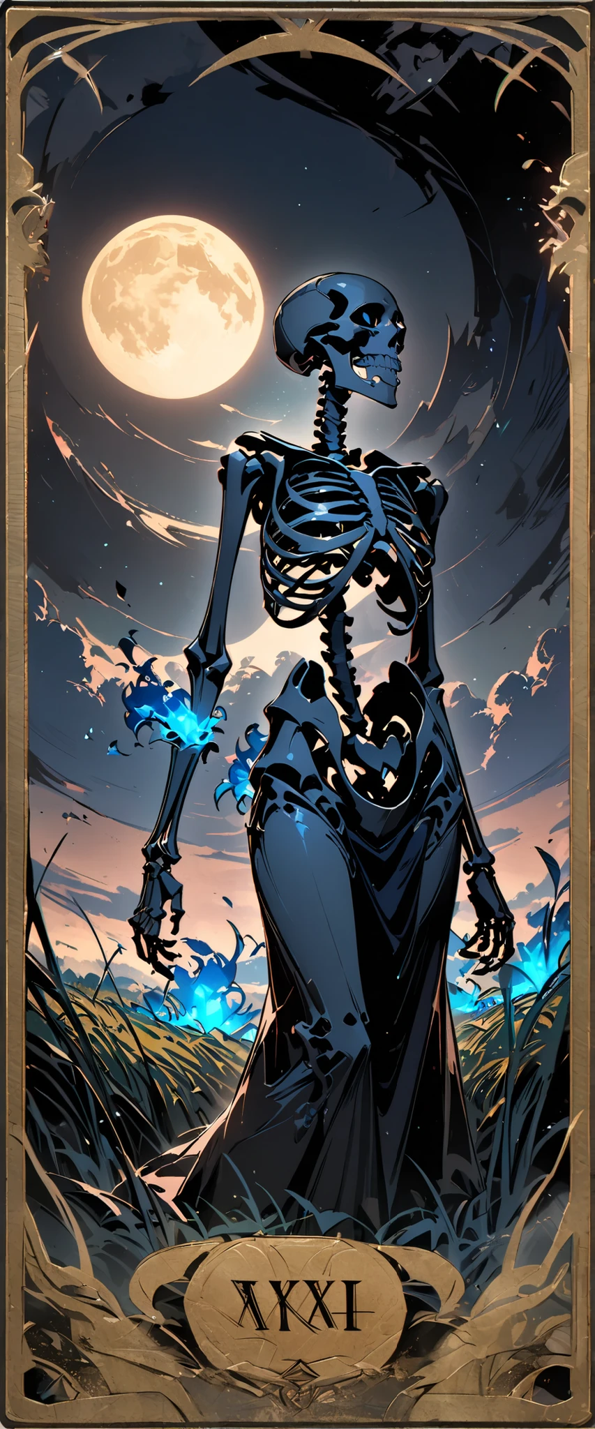 Masterpiece, best quality, vivid colors, a professional illustration of a gorgeous female human necromancer walking among a skeleton army, front view, looking at viewer, blue flames, <lora:GoodHands-beta2:1.2>