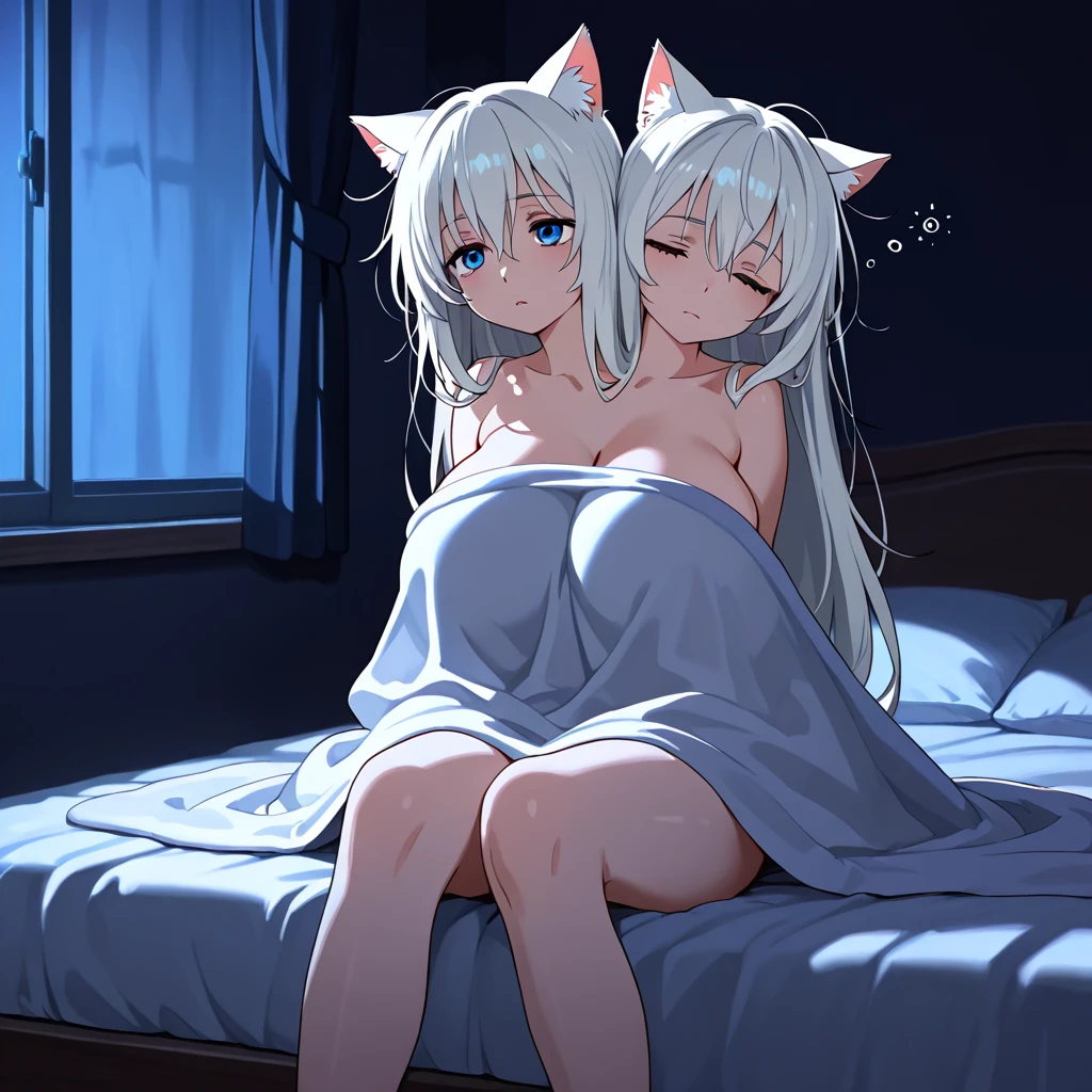 (highest quality),(masterpiece),Completely naked,silver hair,Cat ear,(legs up),((vaginal,sex)),Beauty,2girls