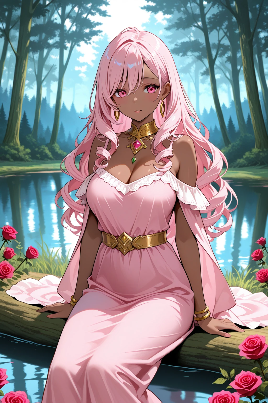 long pink wavy hair and yellow eyes, princess dress and 25 year old girl with breast
