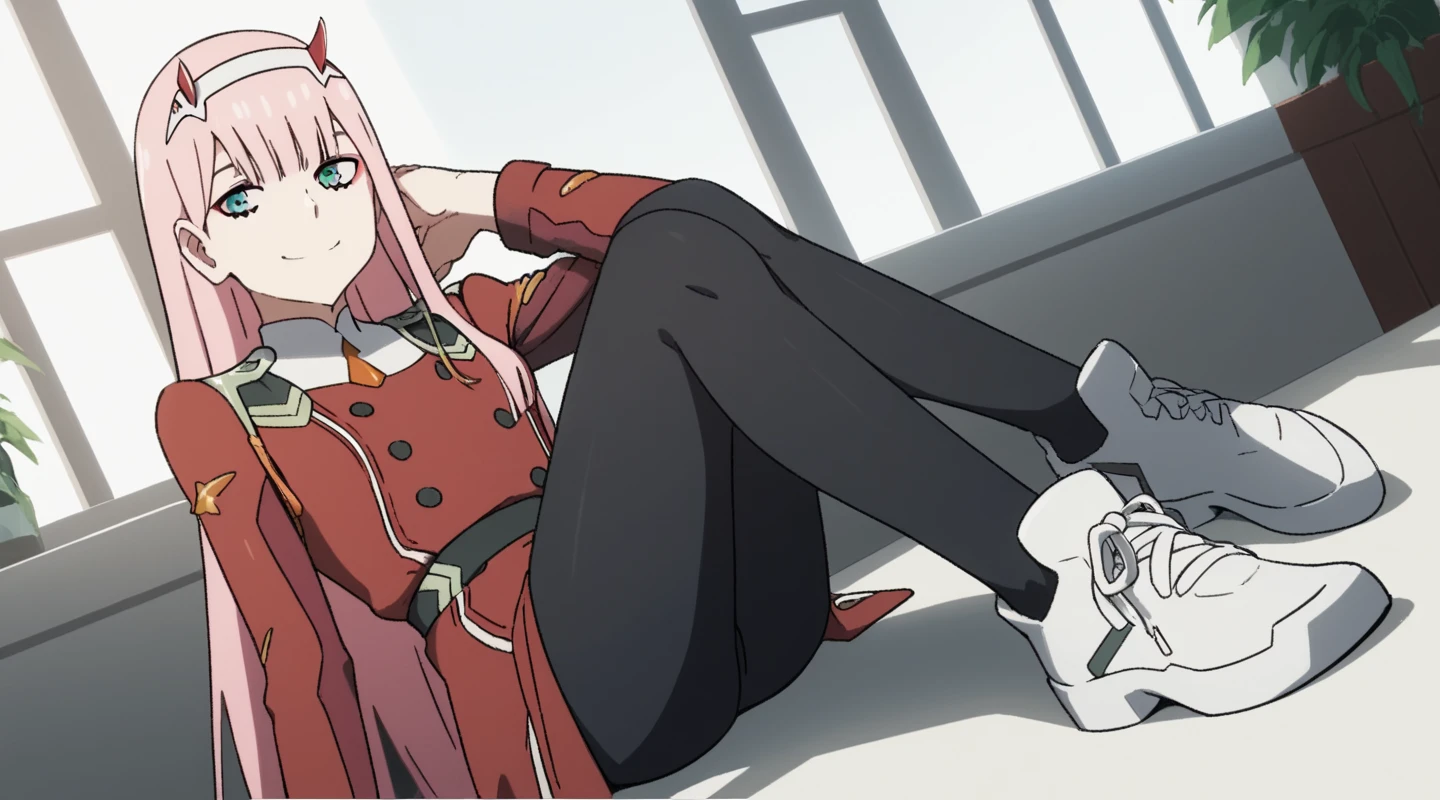 masterpiece, best qualityï¼ <lora:zerotwo:1>,1girl, zero_two_\(darling_in_the_franxx\), long_hair, solo, pink_hair, lollipop, candy, pantyhose, horns, food, green_eyes, hairband, smile, white_hairband, black_pantyhose, crossed_legs, looking_at_viewer, boots, sitting, holding, uniform, holding_candy, white_footwear, necktie, bangs, holding_food, military_uniform, military, short_necktie, holding_lollipop, very_long_hair, invisible_chair, orange_necktie, long_sleeves, grin