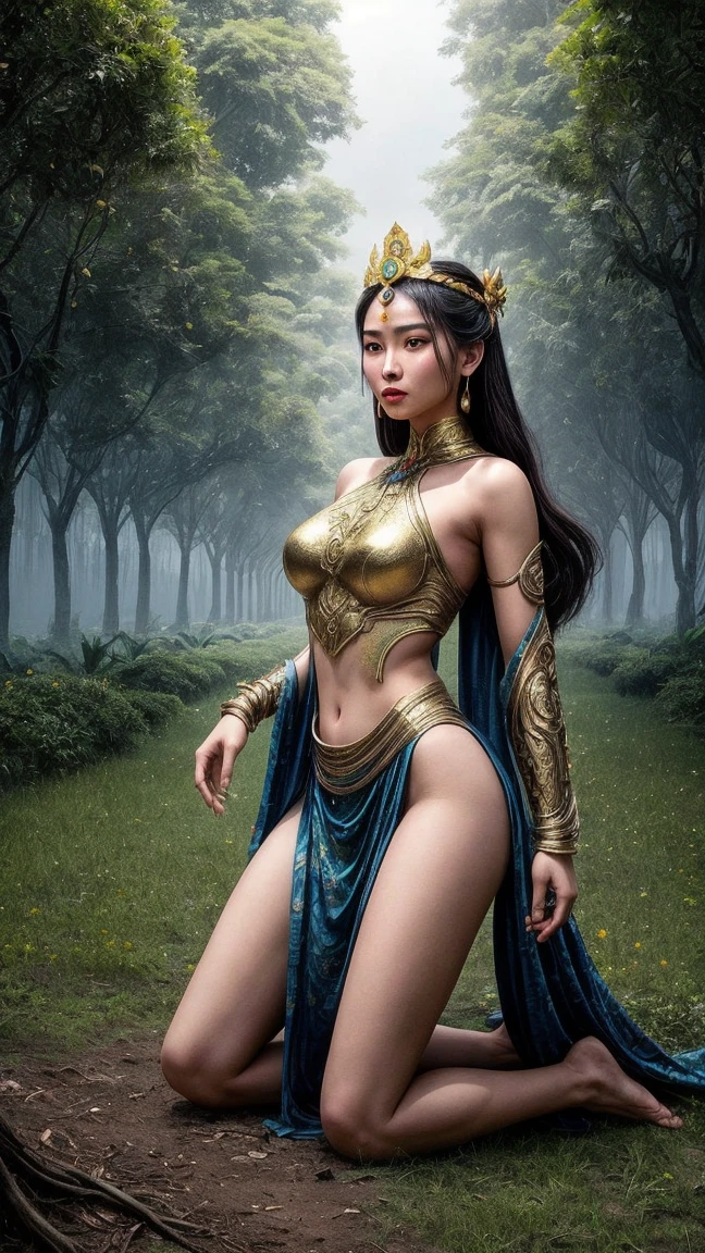((masterpiece)、(top-quality)、(reallistic))、beautiful queen:1.4、Bondage style、latex shiny、By Luis Royo:1.4、1girl in、Sexy Daughter、Attractive earrings with impressive beauty、a choker、a necklace、piercings、(Super beauty)、Super Ultra Ultra Bikini、standingn、fullllbody:1.4、(Beauty in return)、Fantastic mythological landscape