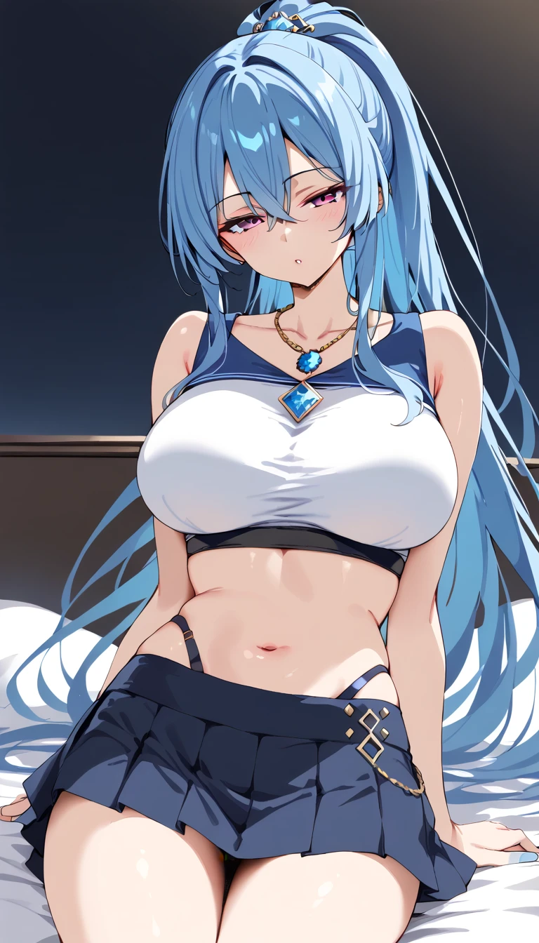 1focalors, blue sea hair, long hair, large breasts,clothes in mouth, cleavage, navel, t-shirt, ((bra)),clothes lift, shirt in mouth, skirt, lying, full Body, sexy body, sitting